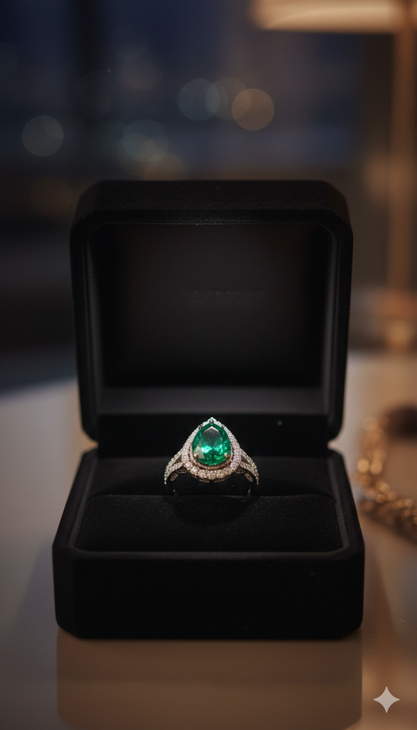 Green color stone silver Ladies ring